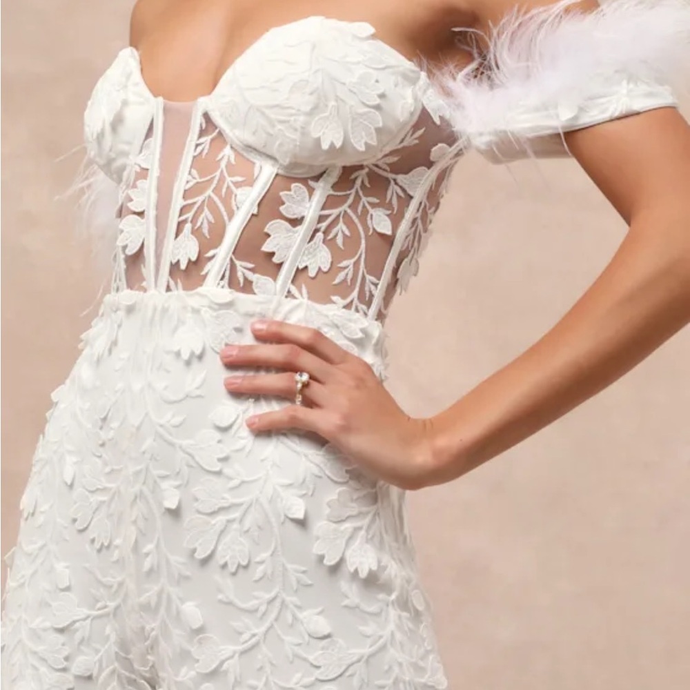 NWT Bridal Midnight Sparkle White Mesh Embroidered Feather Bustier Jumpsuit